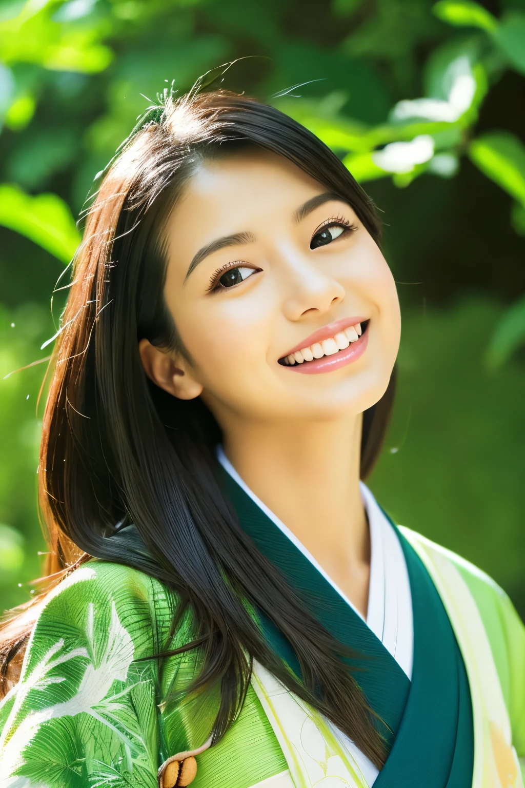 Create a high-quality, hyper-realistic portrait of a beautiful Japanese woman standing outdoors. She has long, straight black hair and is smiling warmly at the camera. She is wearing a traditional Japanese outfit with a purple kimono and a green obi (wide belt). The kimono should have a distinct deep purple color, and the obi should be a vibrant green. The background should feature lush, green foliage, suggesting a serene and natural environment. The lighting should be natural and soft, highlighting her facial features and the texture of her clothing. Ensure the image has detailed facial features, expressive eyes, and an anatomically correct body structure. The overall composition should be bright and vibrant, capturing the elegance and beauty of the woman and her surroundings.
