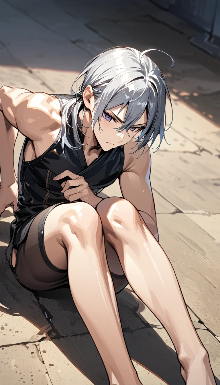 absurdres, highres, ultra detailed, super fine illustration, best quality, 1boy, perfect anatomy, male focus, solo, (dark-skinned:0.8) male, silver hair, long hair, black bikini, bare shoulders, bare arms, bare legs, &lt;lora:_L2090:-0.6&gt; &lt;lora:flat:-0.2&gt;