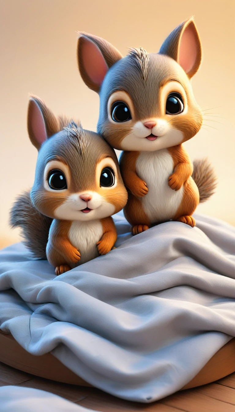 With the sunset in the background,(masterpiece:1.2, high quality), Two baby squirrels sleeping together in bed、