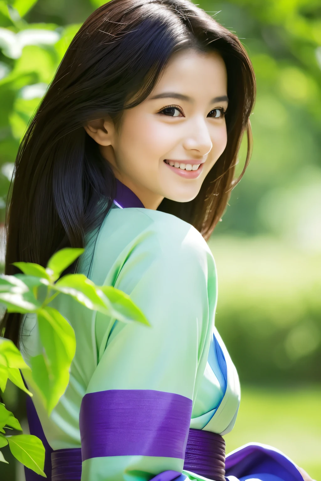 Create a high-quality, hyper-realistic portrait of a beautiful Japanese woman standing outdoors. She has long, straight black hair and is smiling warmly at the camera. She is wearing a traditional Japanese outfit with a purple kimono and a green obi (wide belt). The kimono should have a distinct deep purple color, and the obi should be a vibrant green. The background should feature lush, green foliage, suggesting a serene and natural environment. The lighting should be natural and soft, highlighting her facial features and the texture of her clothing. Ensure the image has detailed facial features, expressive eyes, and an anatomically correct body structure. The overall composition should be bright and vibrant, capturing the elegance and beauty of the woman and her surroundings.