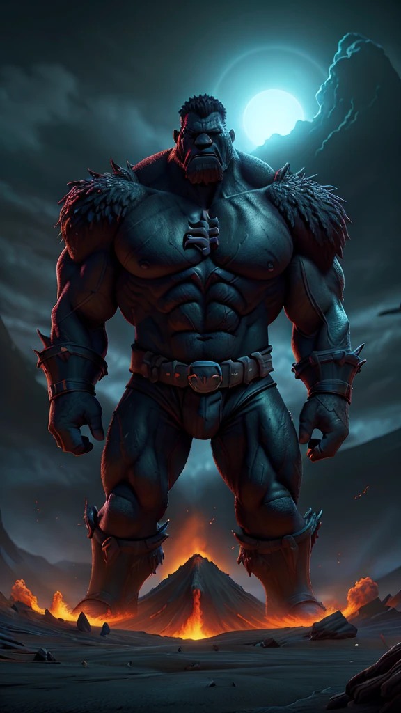 A furious giant reaper, HulkMorte, the god of death, erupting volcano, malevolent creature, dramatic lighting, cinematic composition, dark fantasy, dark moody atmosphere, dramatic chiaroscuro lighting, deeply saturated colors, dynamic poses, highly detailed features, hyper realistic, 8K, photorealistic, best quality, cinematic lighting, dramatic camera angle