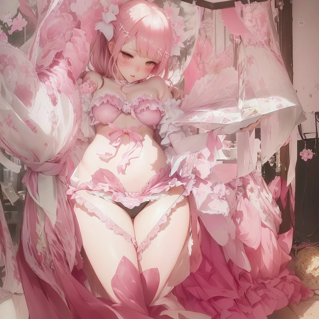 There is a pink and white vase、It has a pink ribbon, digital art on Pixiv, Soft anime illustration, Gwaiz, Gwaiz on Pixiv artstation, at Pixiv, Beautiful artwork illustration, Zerochan Art, Pixiv, Blurry dreamy illustration, Reusch and Urop, bikini. Hell Background. Goa