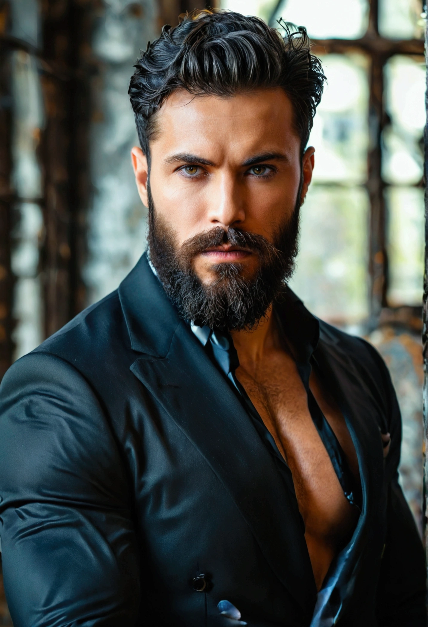 A bearded man poses for a photo., strong masculine qualities,  sexy muscular body, muscle body type, building a strong body,  wear a suit, black hair,stylish suit