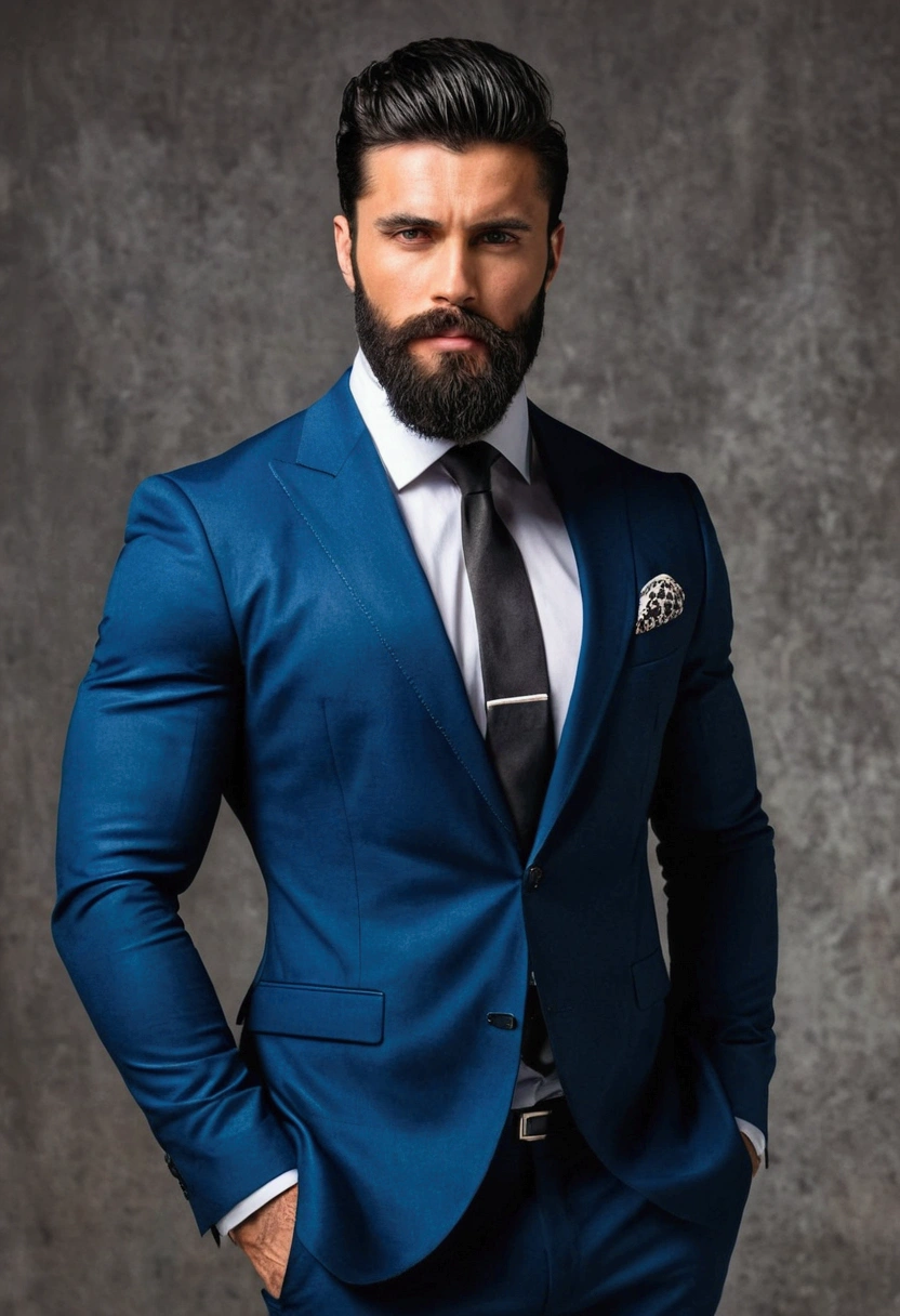 A bearded man poses for a photo., strong masculine qualities, sexy muscular body, muscle body type, building a strong body, wear a suit, black hair,stylish suit