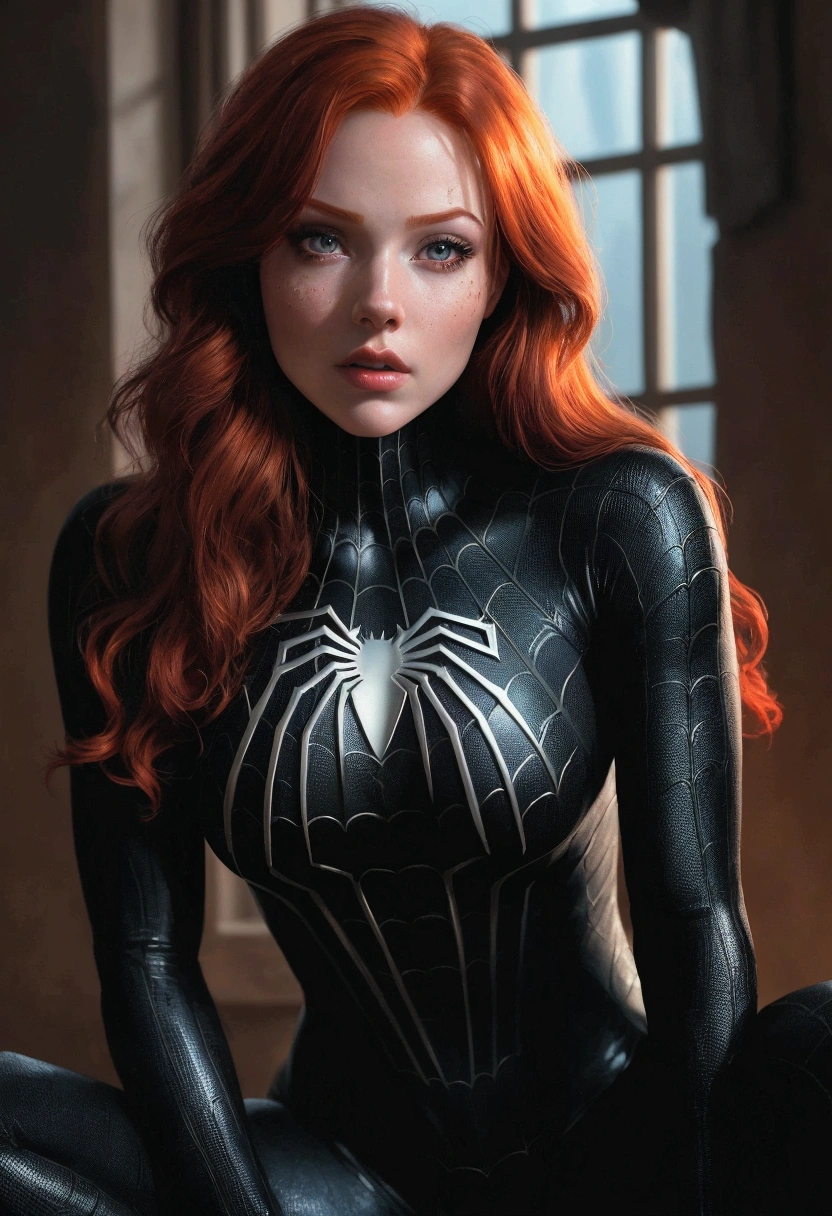 A beautiful redhead girl in a tight black spiderman suit, a nice butt, beautiful breasts, sexy, large bust, detailed eyes, full lips, detailed face, cinematic lighting, highly detailed, 8k, photorealistic, masterpiece, oil painting, dramatic colors, chiaroscuro lighting