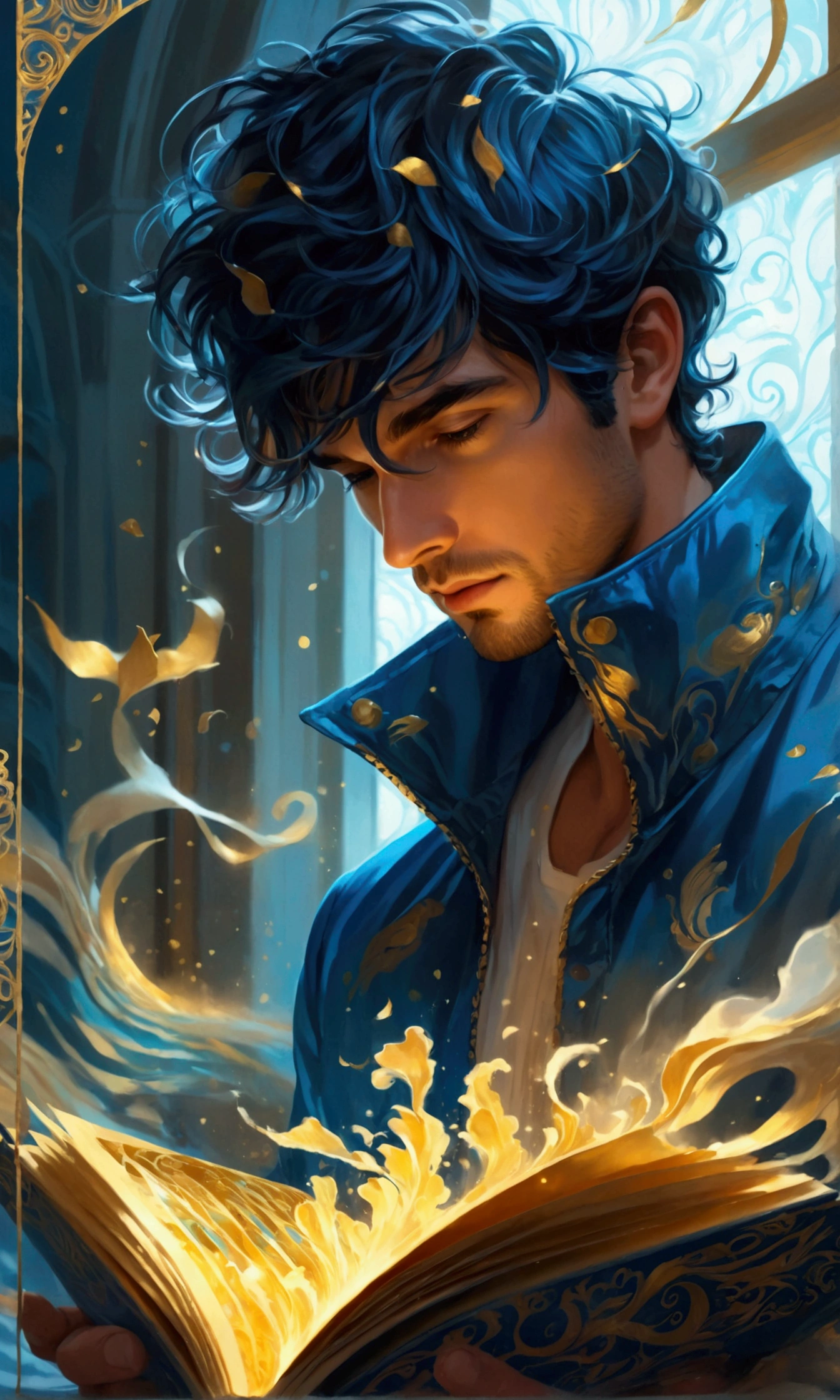 POV, a man with blue jacket open a gold pages pop up book with a paper family crafted in the pages, the book glow with golden and blue light waves. The background and a burst of wind waves the mist of a dark room. Thick wavy Brush strokes, Digital illustration, brush strokes, watercolor, golden light, dreamy atmosphere, rainbow waves, close up, (best quality, masterpiece) intricate gold patterns in the book