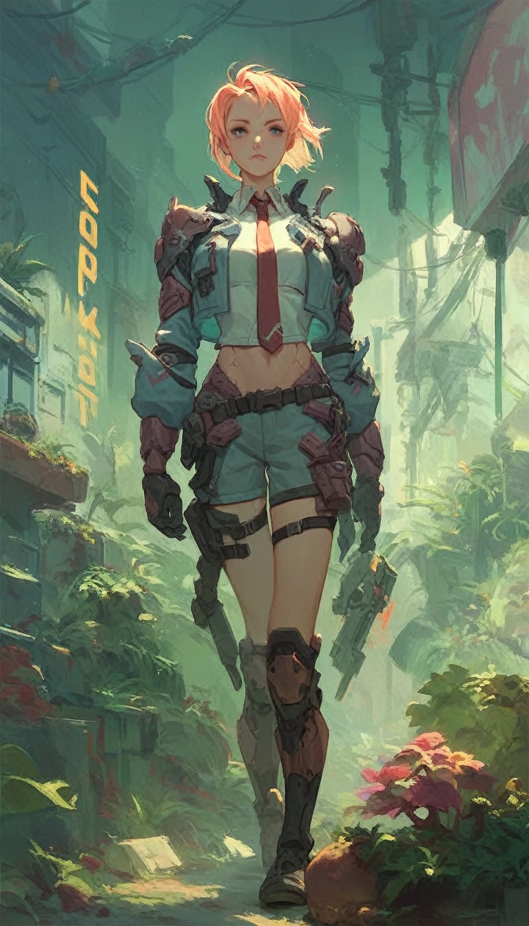 eve (star_blade), One, body, tie, An abandoned cyberpunk city, overgrown with plants, standing, I&#39;m looking at the viewer, brilliant clothes, thick skin, все body, bare shoulders, lips, green tie, big breasts, wrist cuffs, brilliant, sleeveless, high heels, BREAK , zPDXL, check_9, check_8_up, check_7_up, check_6_up, check_5_up, check_4_up