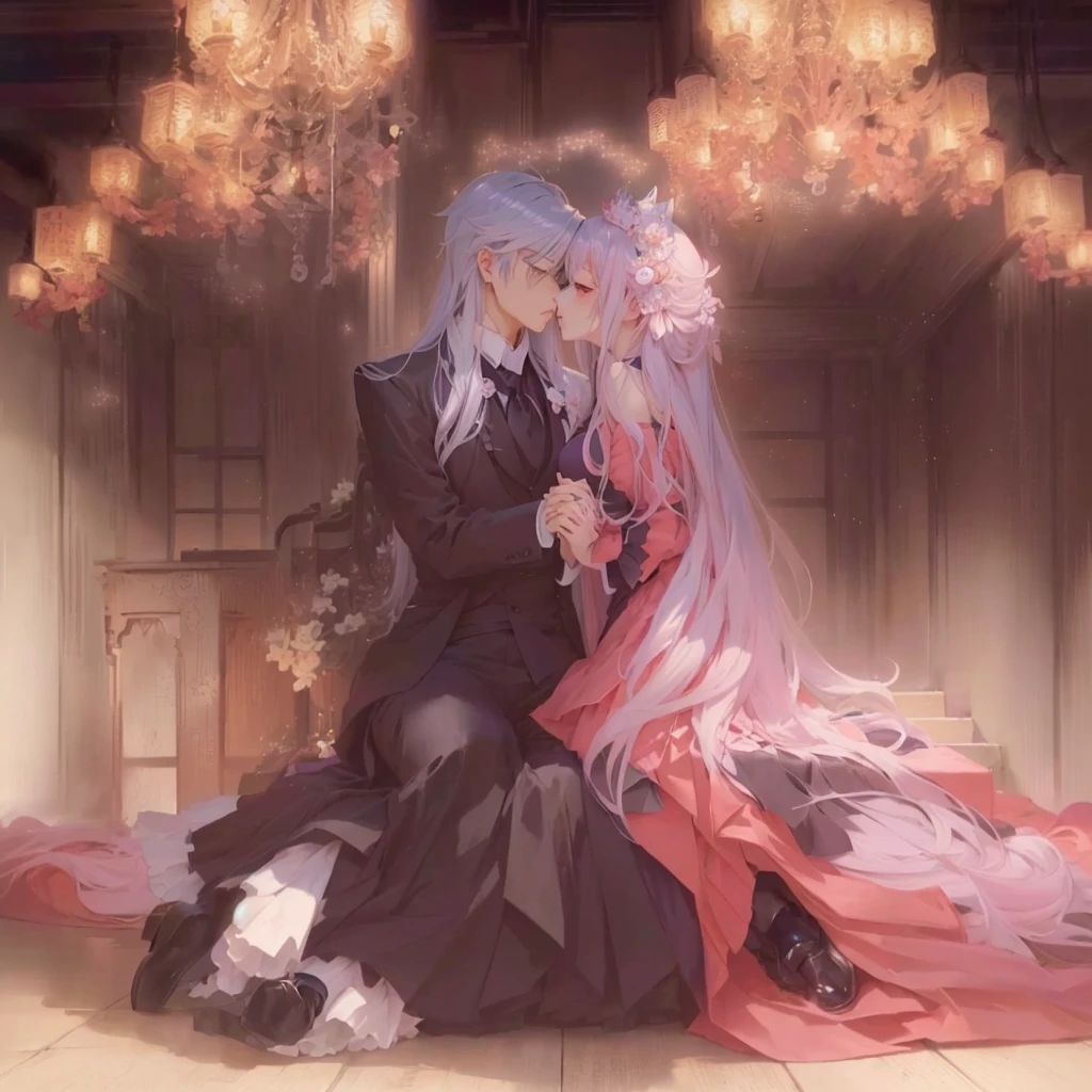 Anime-style image of a couple in formal clothing sitting on the floor, Zero-chan art, Anime Moe Art Style, Zero-chan, Nightcore, by Shimo, artwork in the style of Gwaiz, Gwaiz on pixiv artstation, Gwaiz, From desire, Fate-like anime style/Stay Night, Jellyfish Shrine Maiden