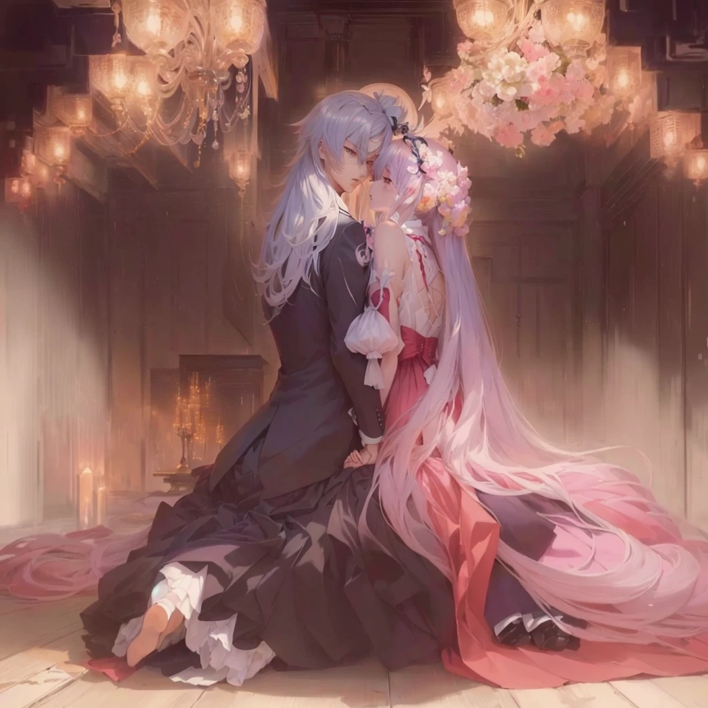 Anime-style image of a couple in formal clothing sitting on the floor, Zero-chan art, Anime Moe Art Style, Zero-chan, Nightcore, by Shimo, artwork in the style of Gwaiz, Gwaiz on pixiv artstation, Gwaiz, From , Fate-like anime style/Stay Night, Jellyfish Shrine Maiden