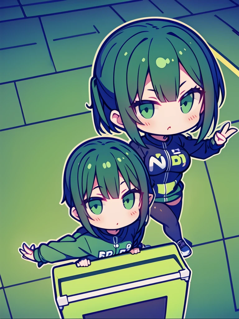 Logo of a girl with short black and green hair from a car customization company called Infortunio, wearing racing clothes and giving a thumbs up, alone and solitary.