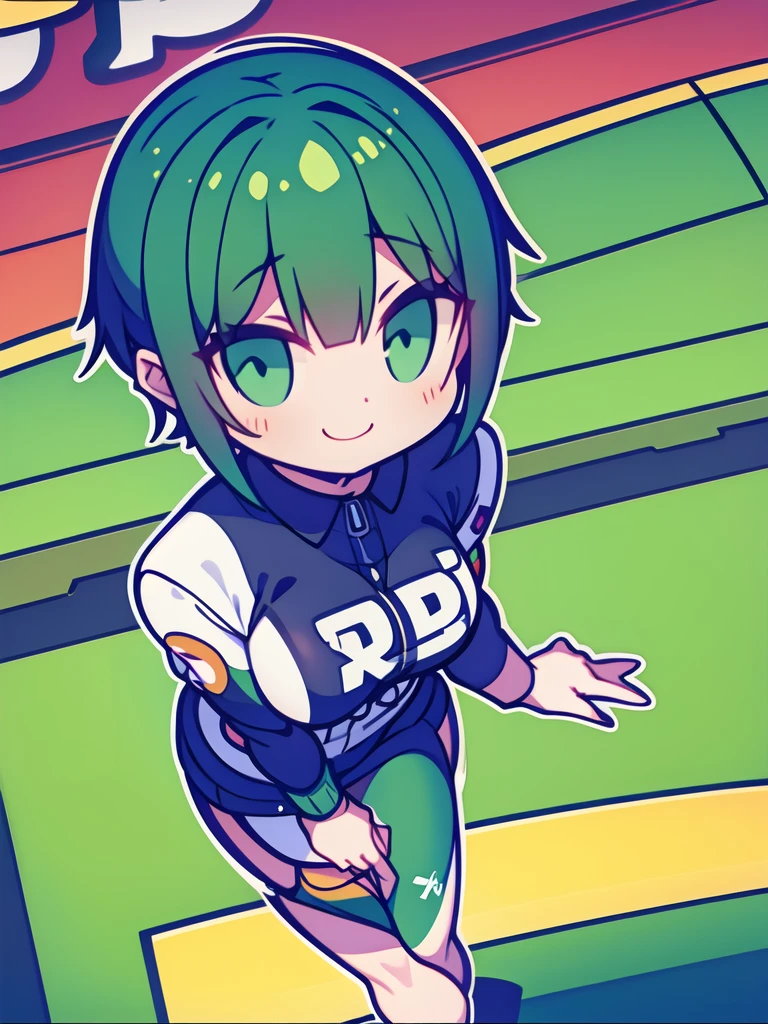 Logo of a girl with short black and green hair from a car customization company called Infortunio, wearing racing clothes and giving a thumbs up, alone and solitary.