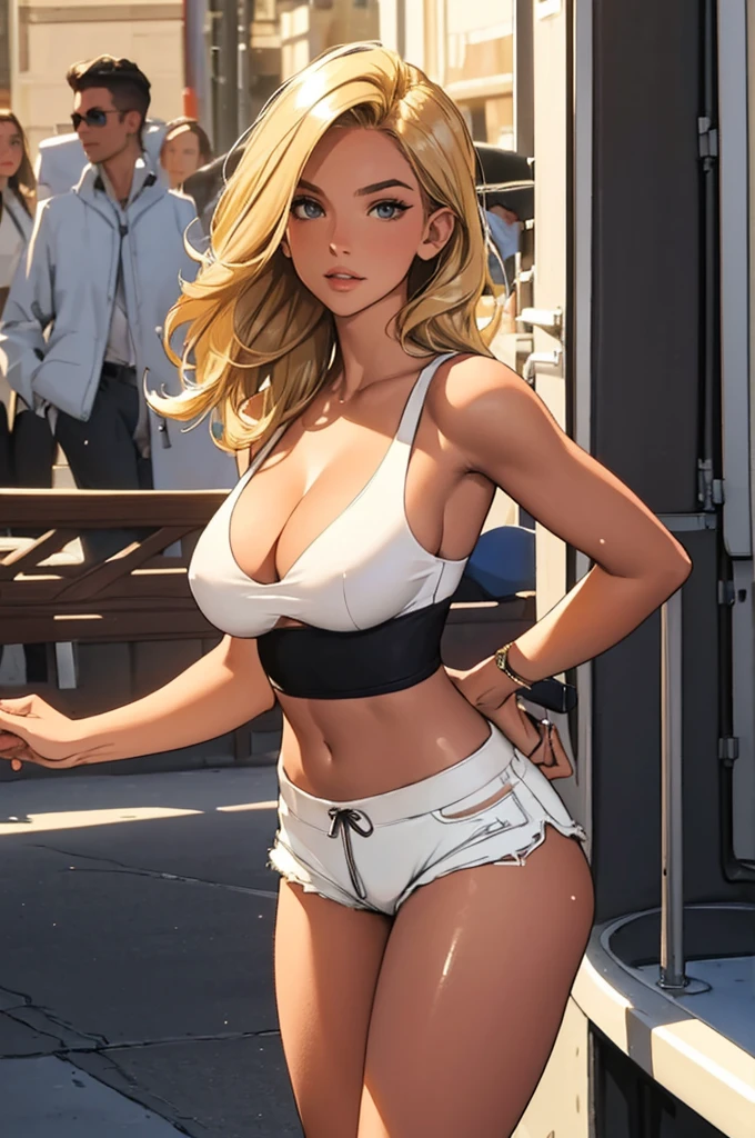 (best quality: 1.2), clean face, (masterpiece: 1.2, 8k) perfect anatomy, 1girl,a beautiful fashion model ,(masterpiece, official art, best quality shiny hair, blonde hair with streaks in hair, full lips, , looking at viewer, revealing outfit, absurdity, intricate details, dynamic pose, club, , wearing short shorts and a tight whiteage, shiny body, raps, open shorts, celebrity