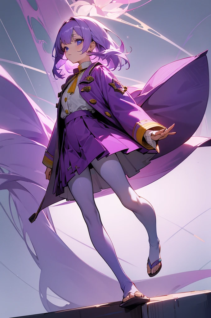 a girl with long, light purple hair, light blue eyes, who has a burgundy blouse with long-sleeved yellow buttons, who has a long jacket that reaches to her feet and that has a flower pattern and that is light purple, have a short burgundy skirt, have white tights and have purple flip flops