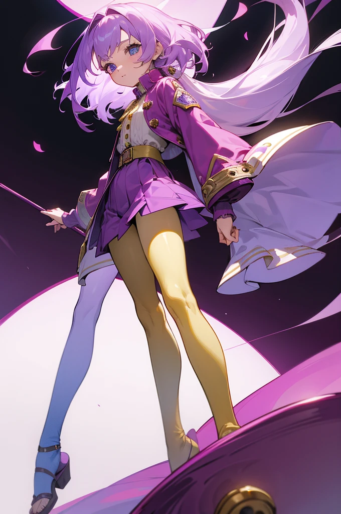 a girl with long, light purple hair, light blue eyes, who has a burgundy blouse with long-sleeved yellow buttons, who has a long jacket that reaches to her feet and that has a flower pattern and that is light purple, have a short burgundy skirt, have white tights and have purple flip flops