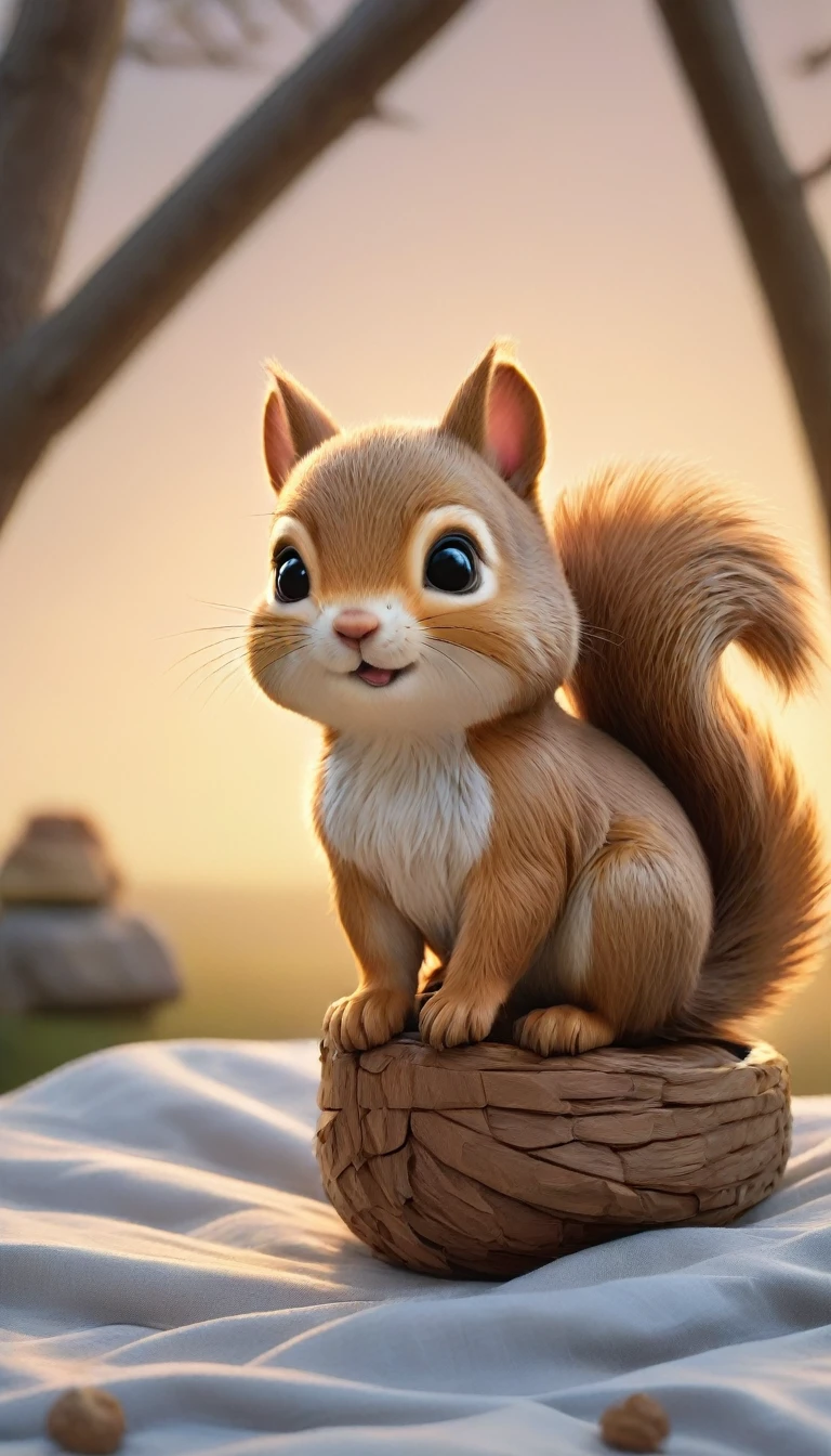 With the sunset in the background,(masterpiece:1.2, high quality), Two baby squirrels sleeping together in bed、