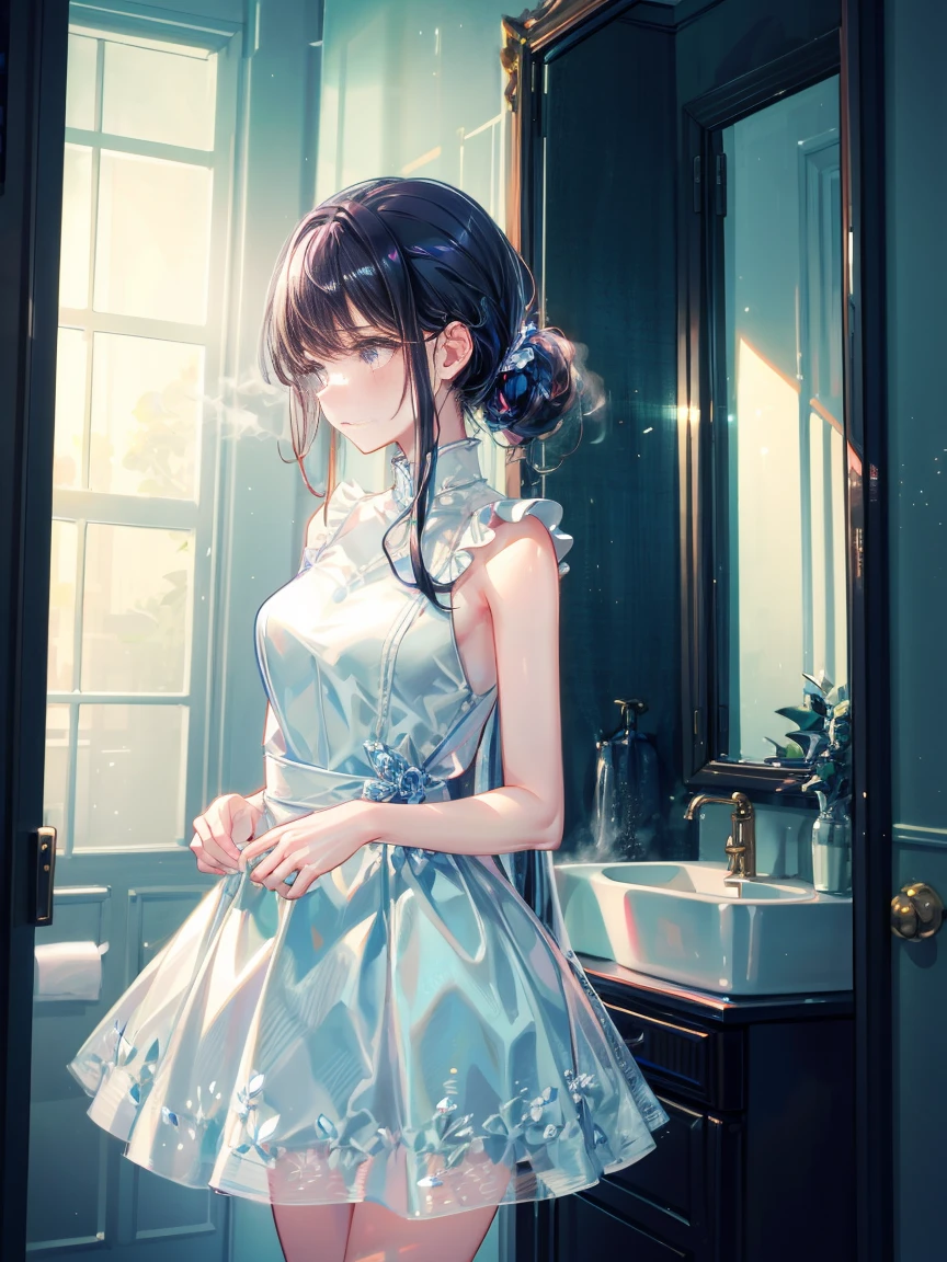 Beautiful woman、２８age、Draw a scene of Misaki standing in front of the bathroom mirror.。Misaki is wearing a transparent dress with a light mist-like texture.。The dress symbolized her loneliness.、It gives a heavy yet ephemeral feeling.。Her expression is sad and introspective.、I&#39;m looking at myself in the mirror。The background is a simple and contemporary bathroom.、The soft morning light shines in、There&#39;s a little bit of steam。The cityscape is faintly reflected in the mirror.。