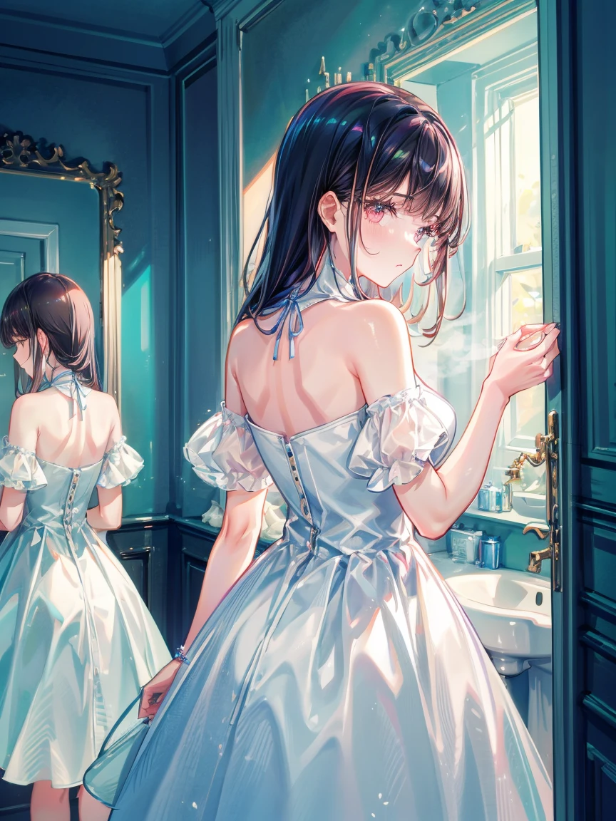 Beautiful woman、２８age、Draw a scene of Misaki standing in front of the bathroom mirror.。Misaki is wearing a transparent dress with a light mist-like texture.。The dress symbolized her loneliness.、It gives a heavy yet ephemeral feeling.。Her expression is sad and introspective.、I&#39;m looking at myself in the mirror。The background is a simple and contemporary bathroom.、The soft morning light shines in、There&#39;s a little bit of steam。The cityscape is faintly reflected in the mirror.。
