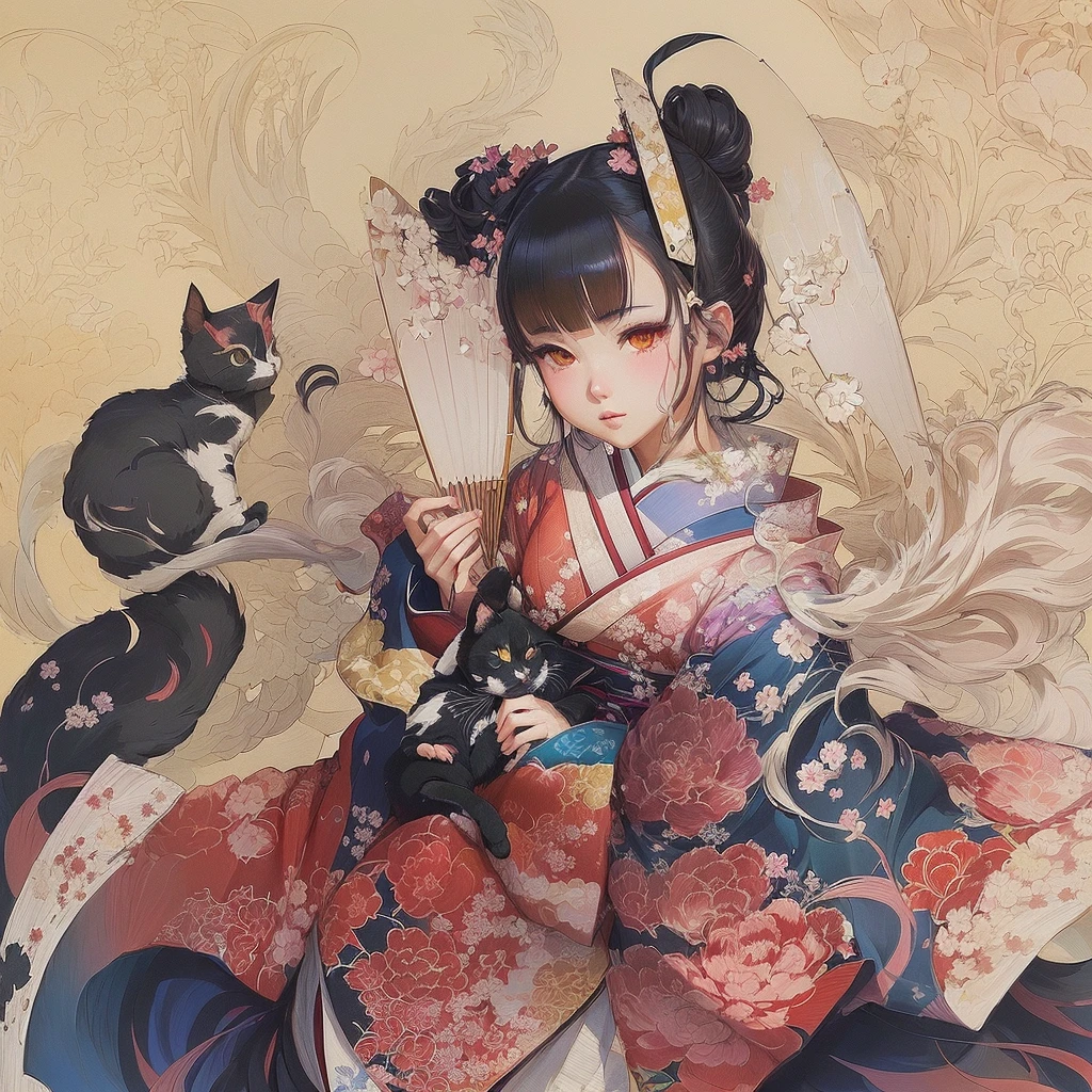 Anime girl in a kimono holding a fan and a cat, artwork in the style of Gwaiz, Gwaiz, Digital art on pixiv, Gwaiz on pixiv artstation, Anime illustration, Zerochan Art, Beautiful artwork illustration, Beautiful anime art, Gwaiz on artstation pixiv, Anime style digital art, Anime fantasy illustration