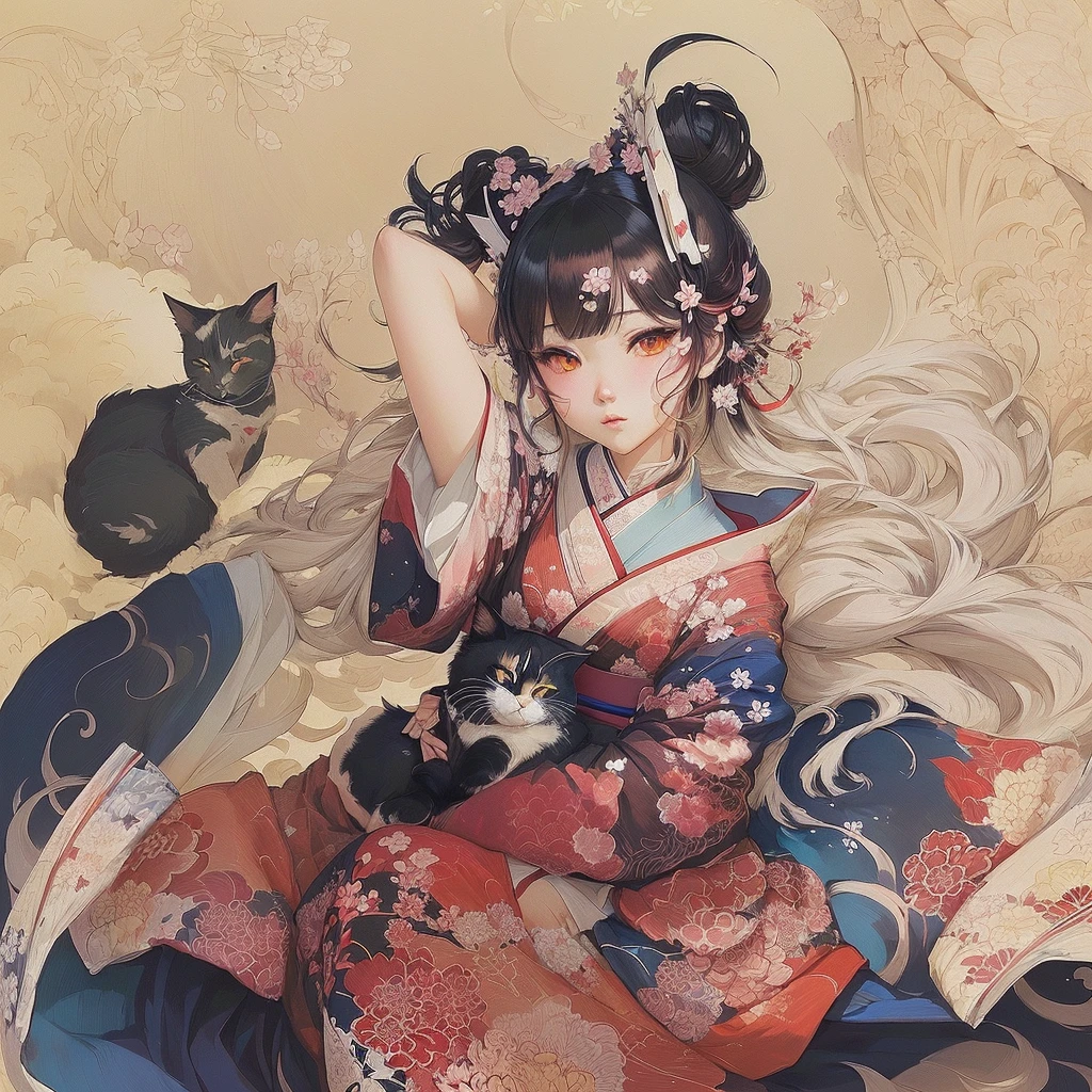 Anime girl in a kimono holding a fan and a cat, artwork in the style of Gwaiz, Gwaiz, Digital art on pixiv, Gwaiz on pixiv artstation, Anime illustration, Zerochan Art, Beautiful artwork illustration, Beautiful anime art, Gwaiz on artstation pixiv, Anime style digital art, Anime fantasy illustration