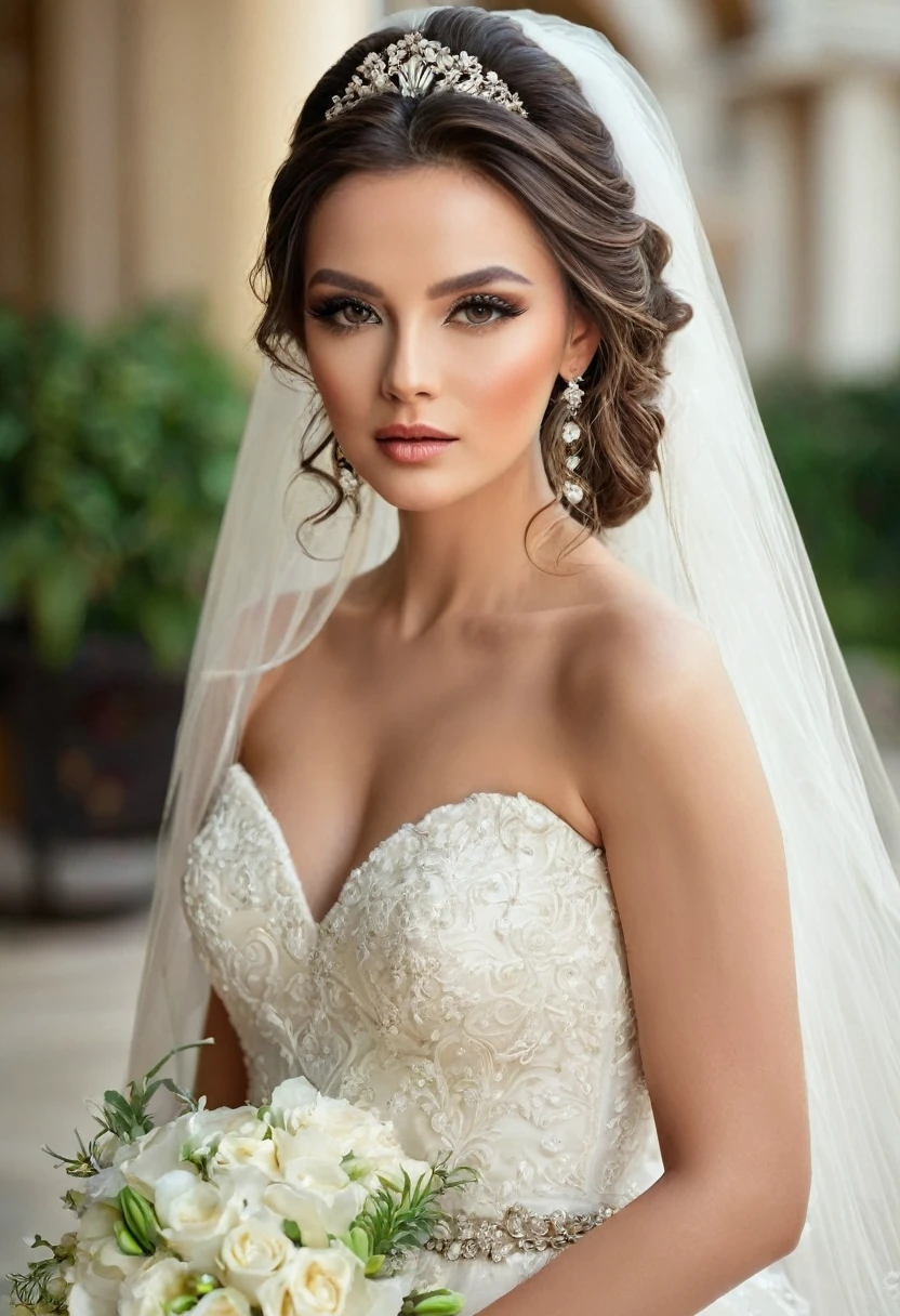 Beautiful woman, beautiful style, beautiful accessories, beautiful makeup, beautiful bride dress, simple,full-length, 