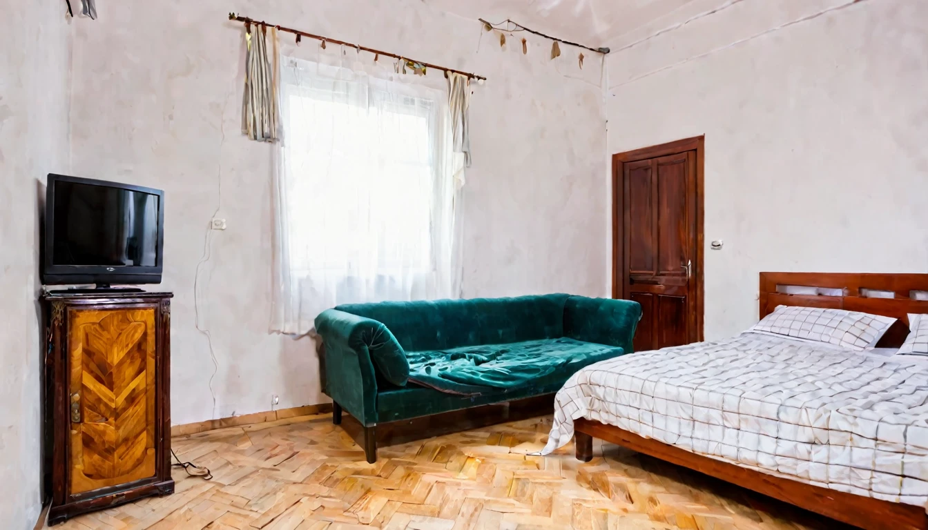 small humble old studio, television, simple bed, sofa, tense atmosphere, no people in the place