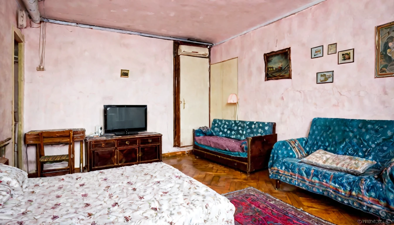 small humble old studio, television, simple bed, sofa, tense atmosphere, no people in the place