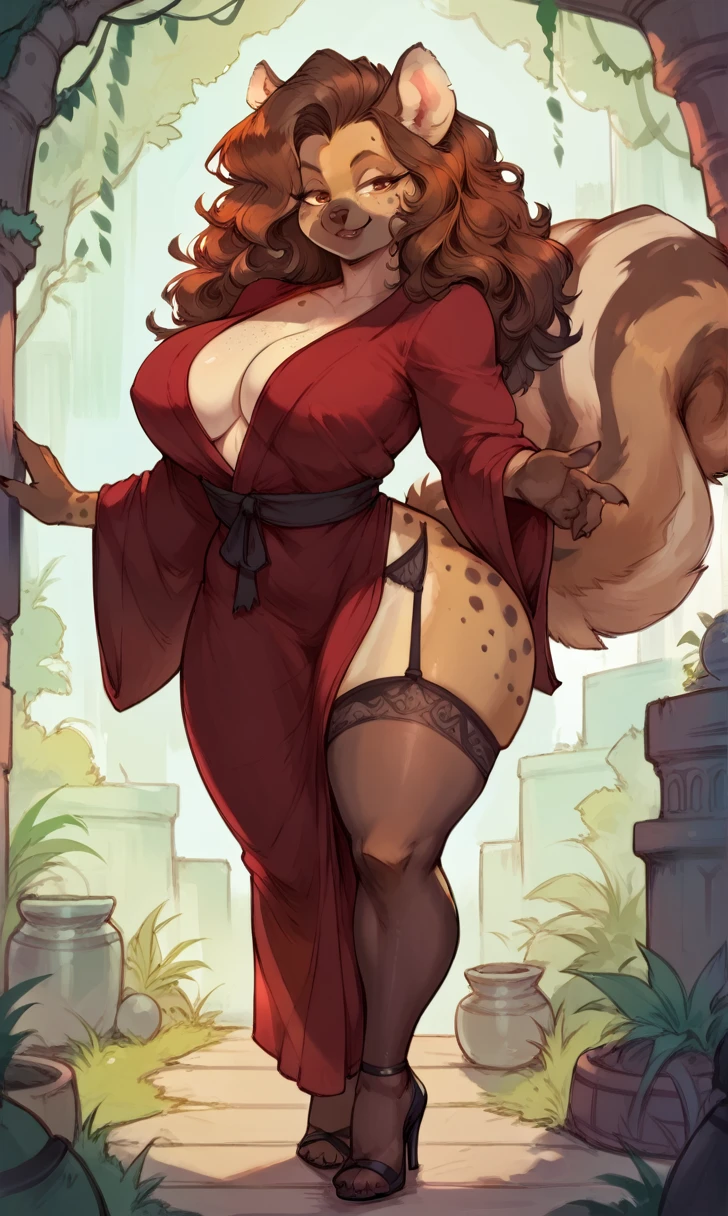 female anthro hyena,Brown long fluffy hair, fluffy hair, squirrel ears, hyena, , attractive, puple robe, thicc body, thicc body, thicc, freckles, freckles on face, neutral expression, smug eyes, high heels, garter belt tights, she is standing (thick thighs:1.3)