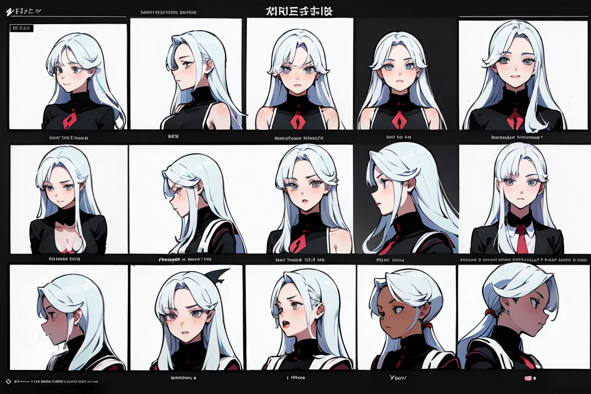 Superior quality, detailed face, character sheet,(((young woman:1.5))), ((whole body:1.2)), full of details, Multiple postures and facial expressions., Very detailed, depth, 1 young woman, long white hair, Straight hair, shark girl, black and white, medium breasts, High neckline, correa, Suspension,Discolored skin, smokes a cigarette 