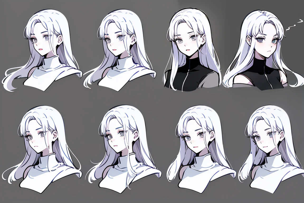 Superior quality, detailed face, character sheet,(((young woman:1.5))), ((whole body:1.2)), full of details, Multiple postures and facial expressions., Very detailed, depth, 1 young woman, long white hair, Straight hair, shark girl, black and white, medium breasts, High neckline, correa, Suspension,Discolored skin, smokes a cigarette 