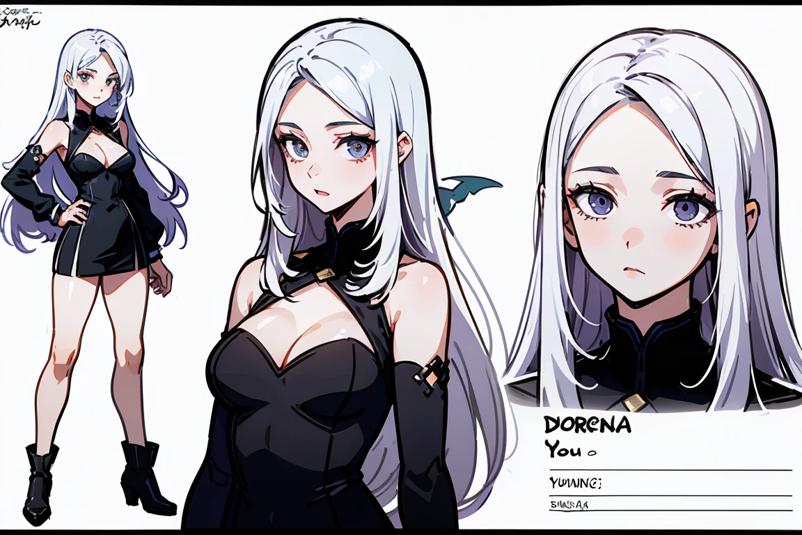 Superior quality, detailed face, character sheet,(((young woman:1.5))), ((whole body:1.2)), full of details, Multiple postures and facial expressions., Very detailed, depth, 1 young woman, long white hair, Straight hair, shark girl, black and white, medium breasts, High neckline, correa, Suspension,Discolored skin, smokes a cigarette 