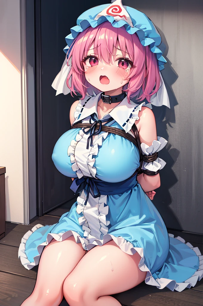 nsfw,((Masterpiece)),((high resolution)),((Best Quality)),Anime illustration,((1girl)),(SAIGYOUJI YUYUKO),Feeling embarrassed,blush,Are crying,Mouth open,,(Young),((loli)),baby ce and ts,large breasts,(low length),(Short),orgasm,drunken eyes,Slave Collar ,pussy juice,BDSM,rope bondage,((arms behind back)),bound arms,bound breasts,restrained,