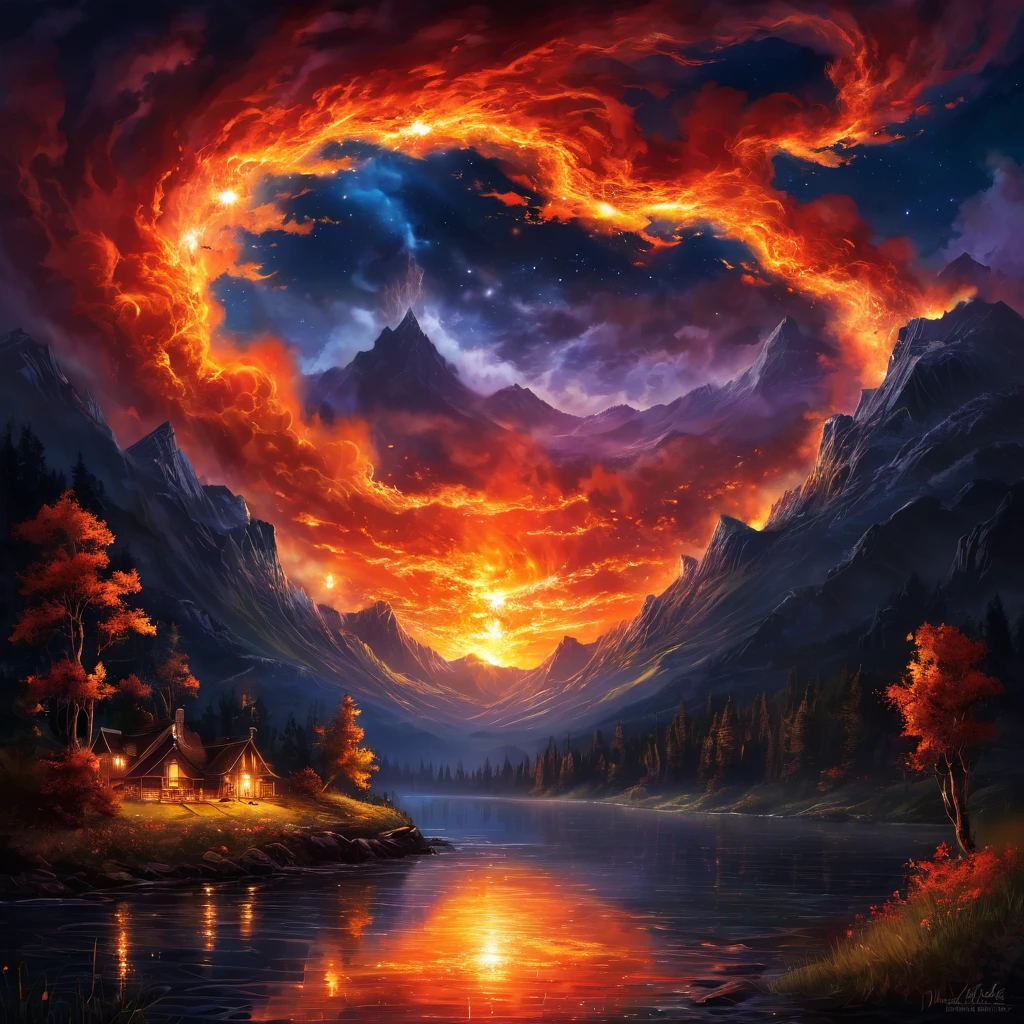Fire in skies, night dark, magical, masterpiece