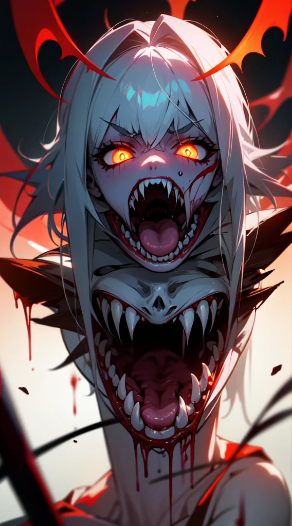 Evil, Scary, uneasy, NSFW, Bloody, angelic horror, sharpteeth, Glowing yellow eyes, Blood from the mouth,Singing on stage
