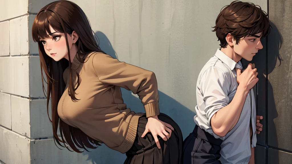 ((best quality)), ((work of art)), ((detailed)), woman with brown hair and bangs, in a doggy-style position, against a wall, skirt lifted by a man, who is taking her from behind
