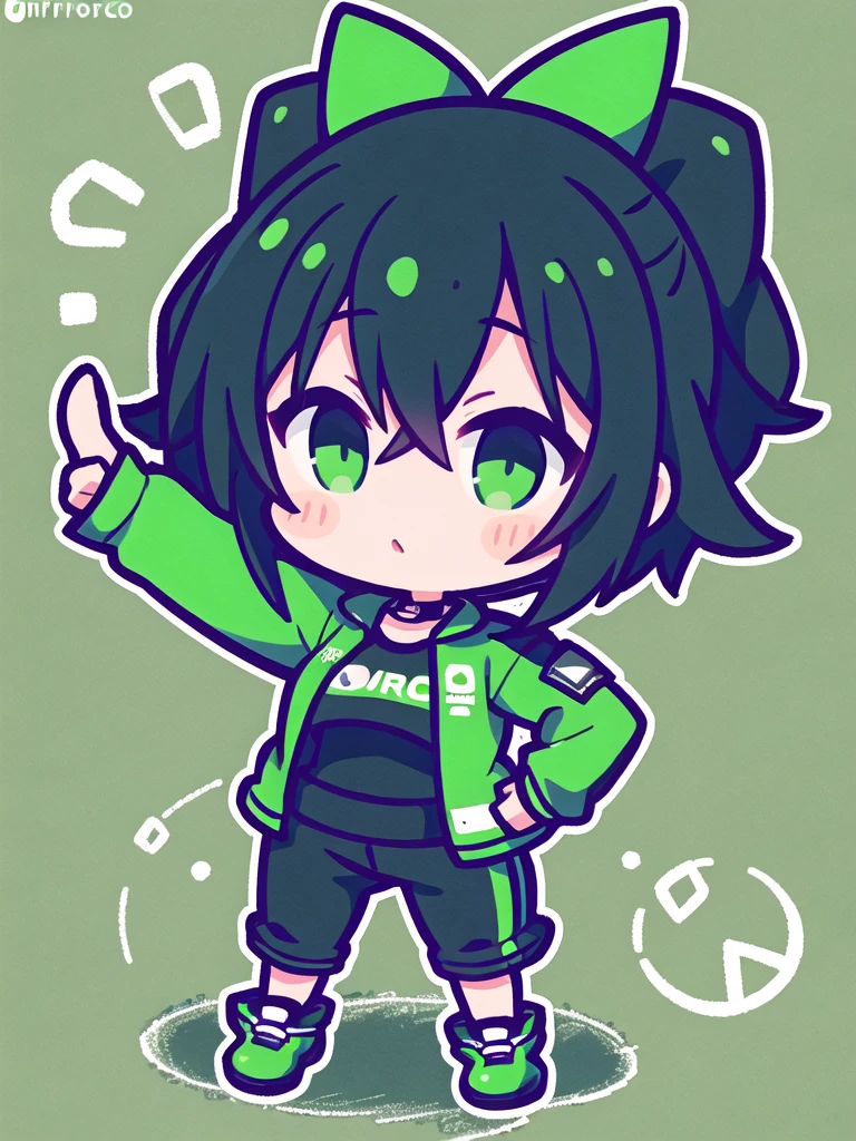 Logo of a girl with short black and green hair from a car customization company called Infortunio, wearing racing clothes and giving a thumbs up, alone and solitary.