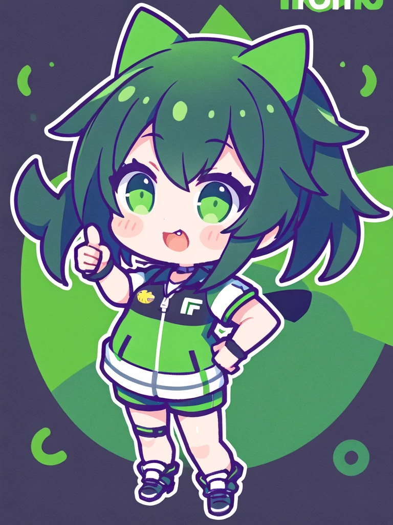 Logo of a girl with short black and green hair from a car customization company called Infortunio, wearing racing clothes and giving a thumbs up, alone and solitary.