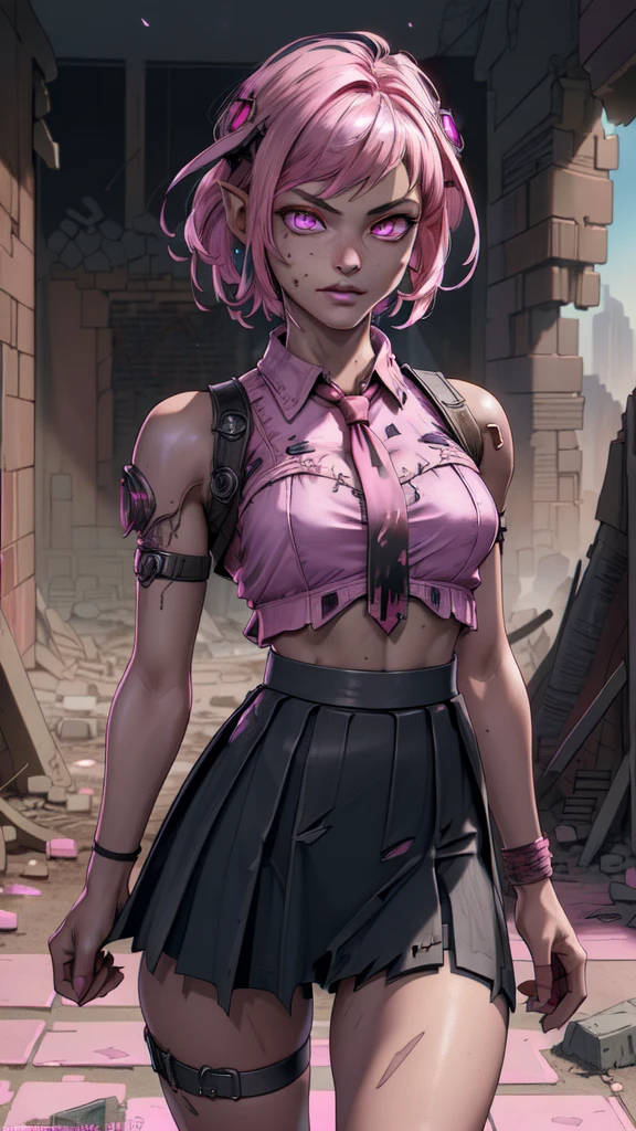 to some pelo blanco. short hair. Anime girl. (Schoolgirl Checkered Mini Skirt) . (to some:1.4) .(to some V2.1), white clothes. (black skirt:1.4) . pink necktie.,(Destroyed dungeon background:1.4 ), （Beautiful and detailed description of the eye.）, (masterpiece: 1.4), (8 k, realist, Raw photo, La Best quality: 1.4),More detailed 8K.unreal engine:1.4,A high resolution,La Best quality:1.4, fotorrealist:1.4, Skin texture:1.4, masterpiece:1.8,masterpiece, Best quality,Объект Object], (detailed facial features:1.3),(Correct proportions),(Beautiful pink eyes :1.4 ),  (Cowboy pose), ,(Destroyed dungeon background piedra grande :1.4 ), ,( Cyberpunk 2.1), (bright colors), perfect hands: 1.5, (Cinematic Color V2.1),( nuclear wasteland background with scattered ruins:1.4), (bright colors),( not mutations) 
