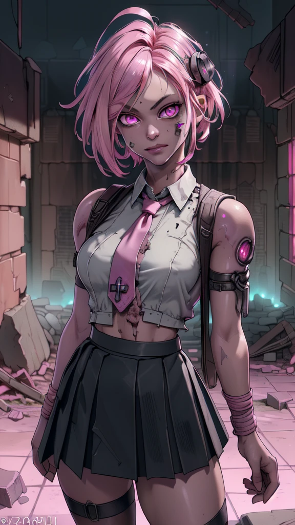 to some pelo blanco. short hair. Anime girl. (Schoolgirl Checkered Mini Skirt) . (to some:1.4) .(to some V2.1), white clothes. (black skirt:1.4) . pink necktie.,(Destroyed dungeon background:1.4 ), （Beautiful and detailed description of the eye.）, (masterpiece: 1.4), (8 k, realist, Raw photo, La Best quality: 1.4),More detailed 8K.unreal engine:1.4,A high resolution,La Best quality:1.4, fotorrealist:1.4, Skin texture:1.4, masterpiece:1.8,masterpiece, Best quality,Объект Object], (detailed facial features:1.3),(Correct proportions),(Beautiful pink eyes :1.4 ),  (Cowboy pose), ,(Destroyed dungeon background piedra grande :1.4 ), ,( Cyberpunk 2.1), (bright colors), perfect hands: 1.5, (Cinematic Color V2.1),( nuclear wasteland background with scattered ruins:1.4), (bright colors),( not mutations) 