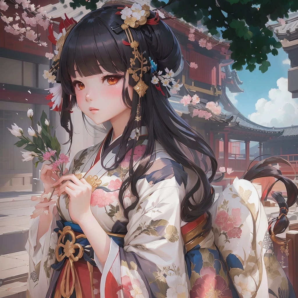 Anime girl in kimono holding flowers in front of a building, Gwaiz, onmyoji portrait, Gwaiz on pixiv artstation, artwork in the style of Gwaiz, Gwaiz on artstation pixiv, palace ， Girl in Hanfu, onmyoji, The Detailed Art of the Onmyoji, everyone