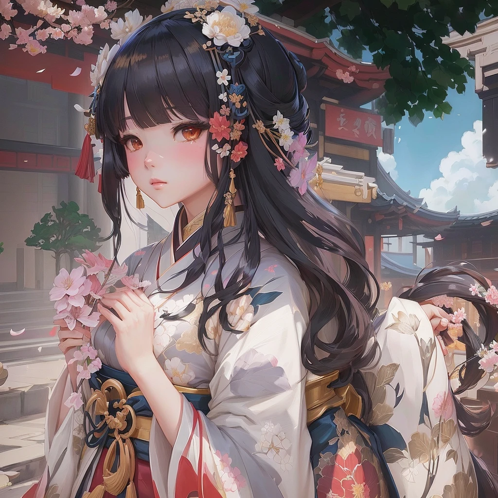 Anime girl in kimono holding flowers in front of a building, Gwaiz, onmyoji portrait, Gwaiz on pixiv artstation, artwork in the style of Gwaiz, Gwaiz on artstation pixiv, palace , Girl in Hanfu, onmyoji, The Detailed Art of the Onmyoji, everyone