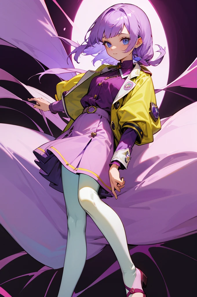 a girl with long, light purple hair, light blue eyes, who has a burgundy blouse with long-sleeved yellow buttons, who has a long jacket that reaches to her feet and that has a flower pattern and that is light purple, have a short burgundy skirt, have white tights and have purple flip flops