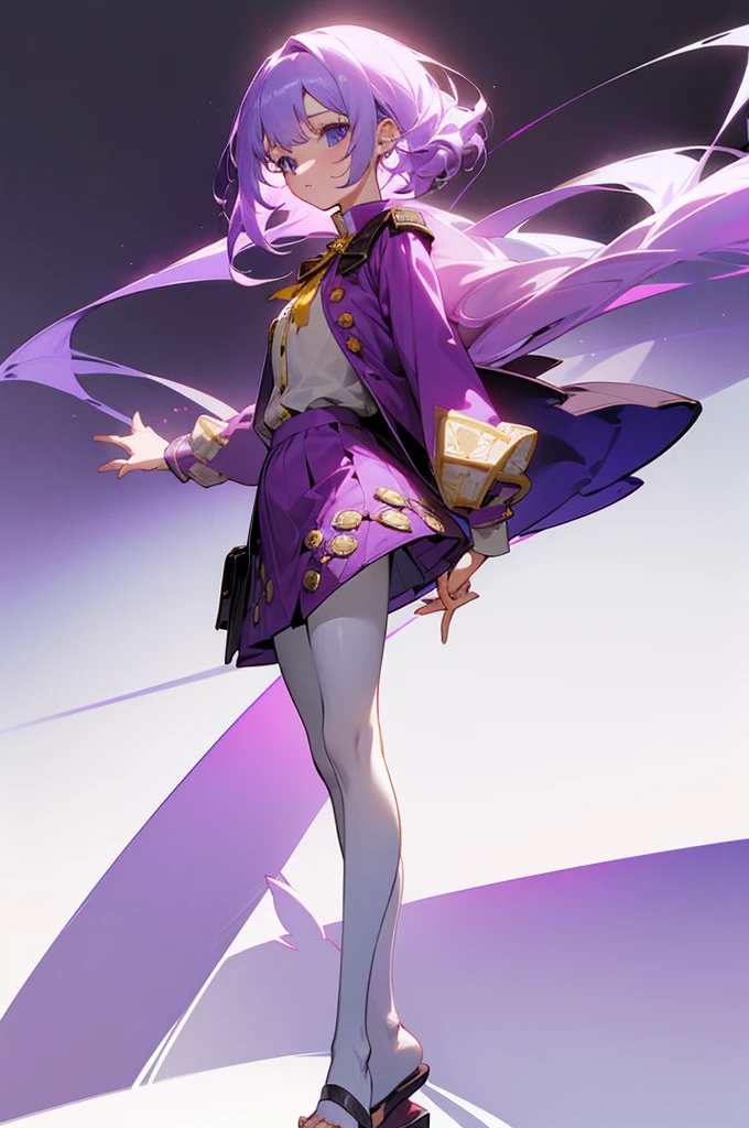 a girl with long, light purple hair, light blue eyes, who has a burgundy blouse with long-sleeved yellow buttons, who has a long jacket that reaches to her feet and that has a flower pattern and that is light purple, have a short burgundy skirt, have white tights and have purple flip flops