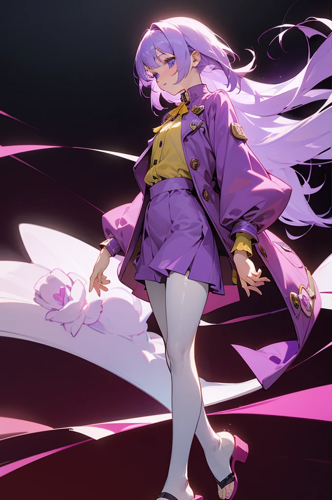 a girl with long, light purple hair, light blue eyes, who has a burgundy blouse with long-sleeved yellow buttons, who has a long jacket that reaches to her feet and that has a flower pattern and that is light purple, have a short burgundy skirt, have white tights and have purple flip flops