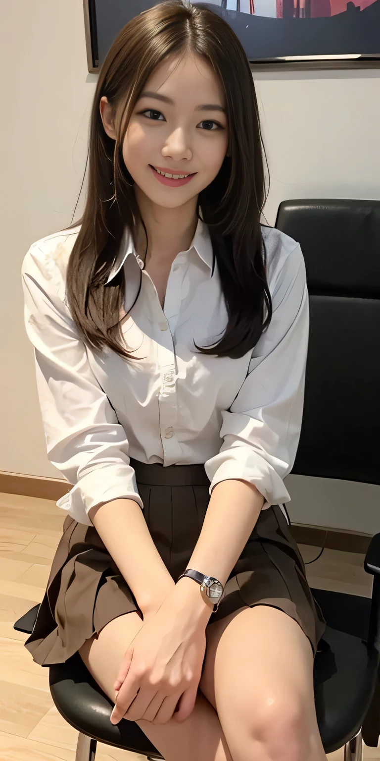 ((masterpiece:1.4))、((Office interview venue:1.4))、Front shot、((Woman with light brown hair, Wearing a short pleated skirt, Sitting on a metal chair during an interview.:1.4)), ((Sitting cross-legged:1.4))、((Medium Long Hair:1.7))、very Sexy Costumes, 厳格なWearing a suitいる, Real Anime Girls, Anime Girl Cosplay, Stylish and gorgeous cosplay, Sexy Costumes, ファッションWearing a suit, Wearing a suit, Dress neatly, タイトなWearing a suitいる, Sexy Looks, suit, Wearing a suitいる, Wearing a suitいる、((:1.4))、((smile:1.4))、