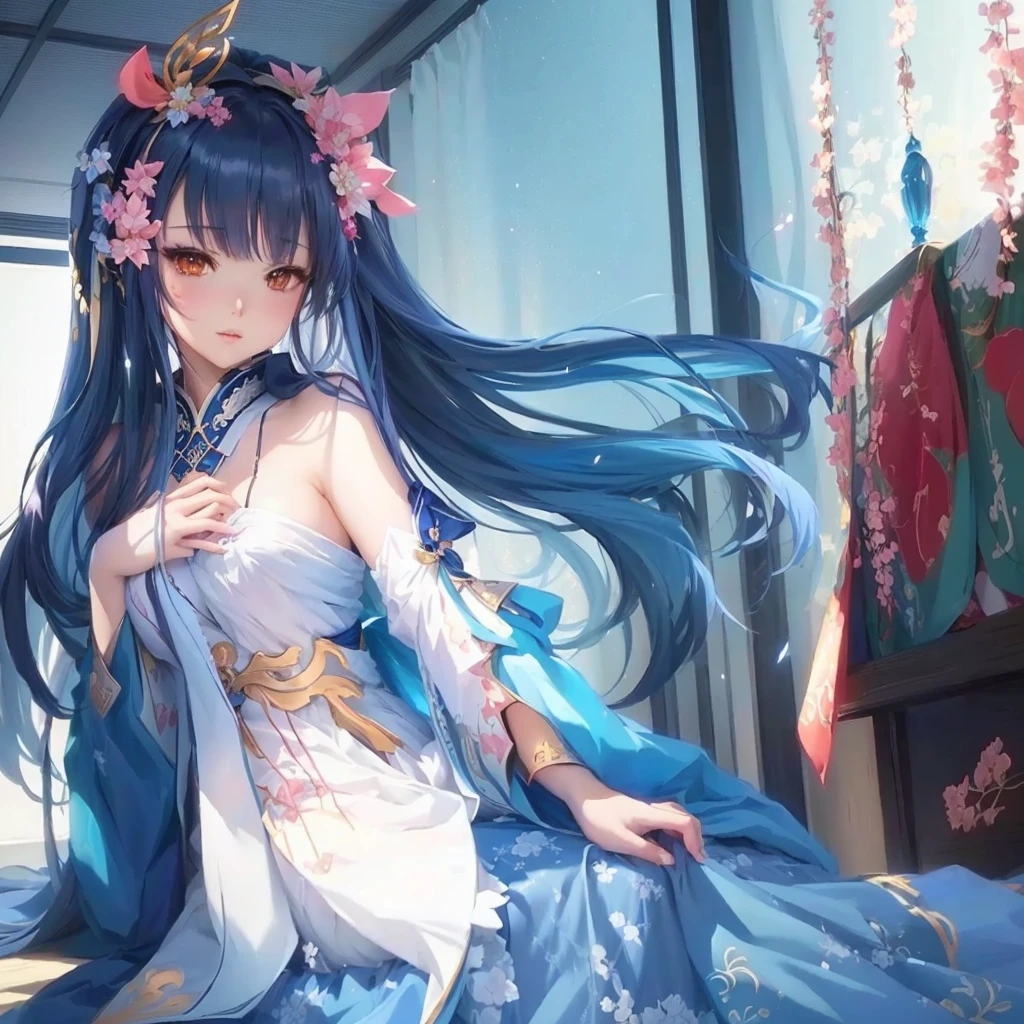 Anime girl with long hair and blue dress sitting on the bed, Anime Style 4k, Anime Art Wallpapers 8K, Beautiful anime artwork, anime art wallpaper 4k, anime art wallpaper 4k, Beautiful anime art, Anime fantasy artwork, Anime Goddess, 2. 5 d cgi Anime fantasy artwork, onmyoji, Beautiful fantasy anime, artstation pixivでトレンド