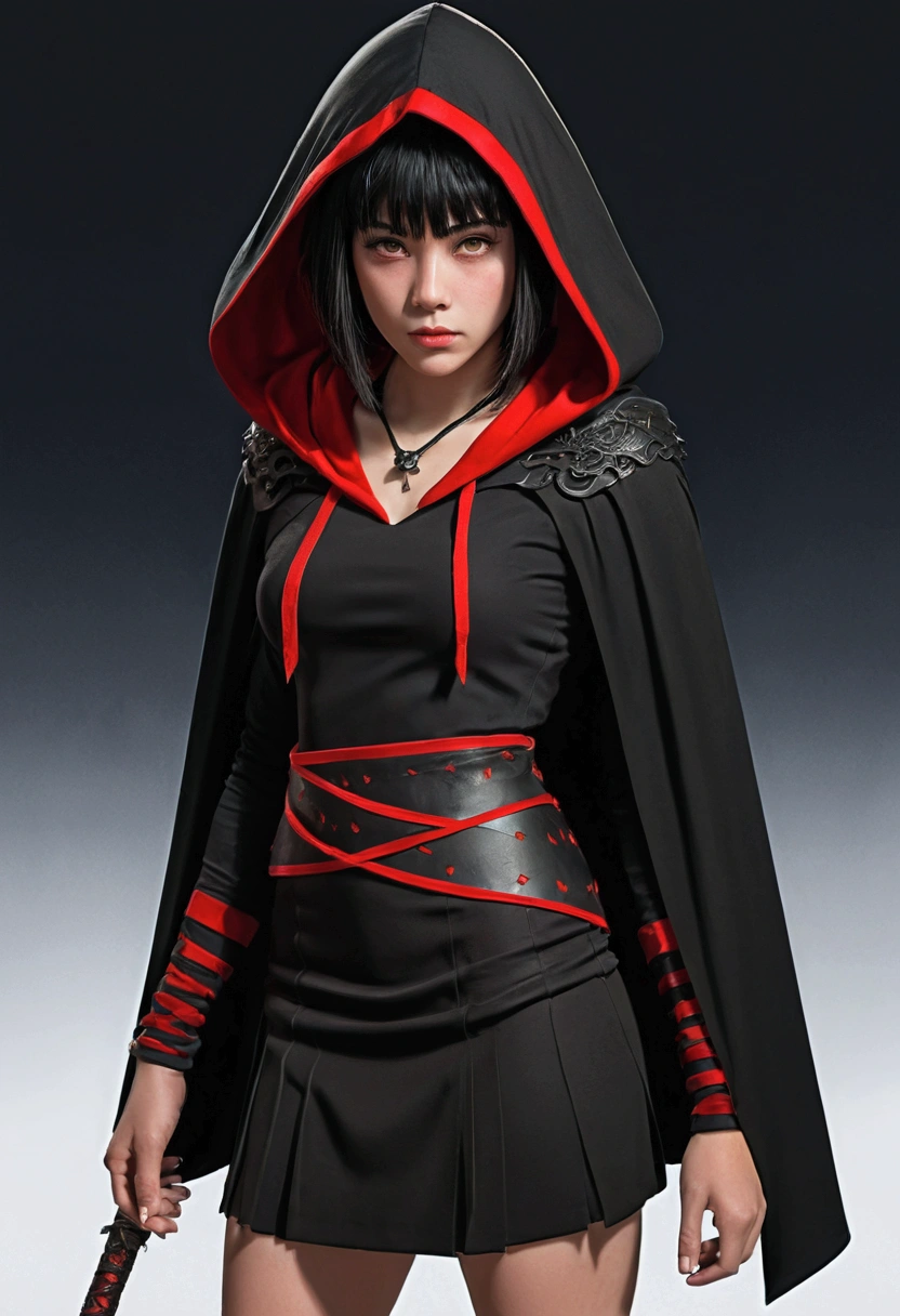 1 girl, Black hair with red tips, short hair with bangs, black dress or skirt, black large cape hood, with a kunai in his hand