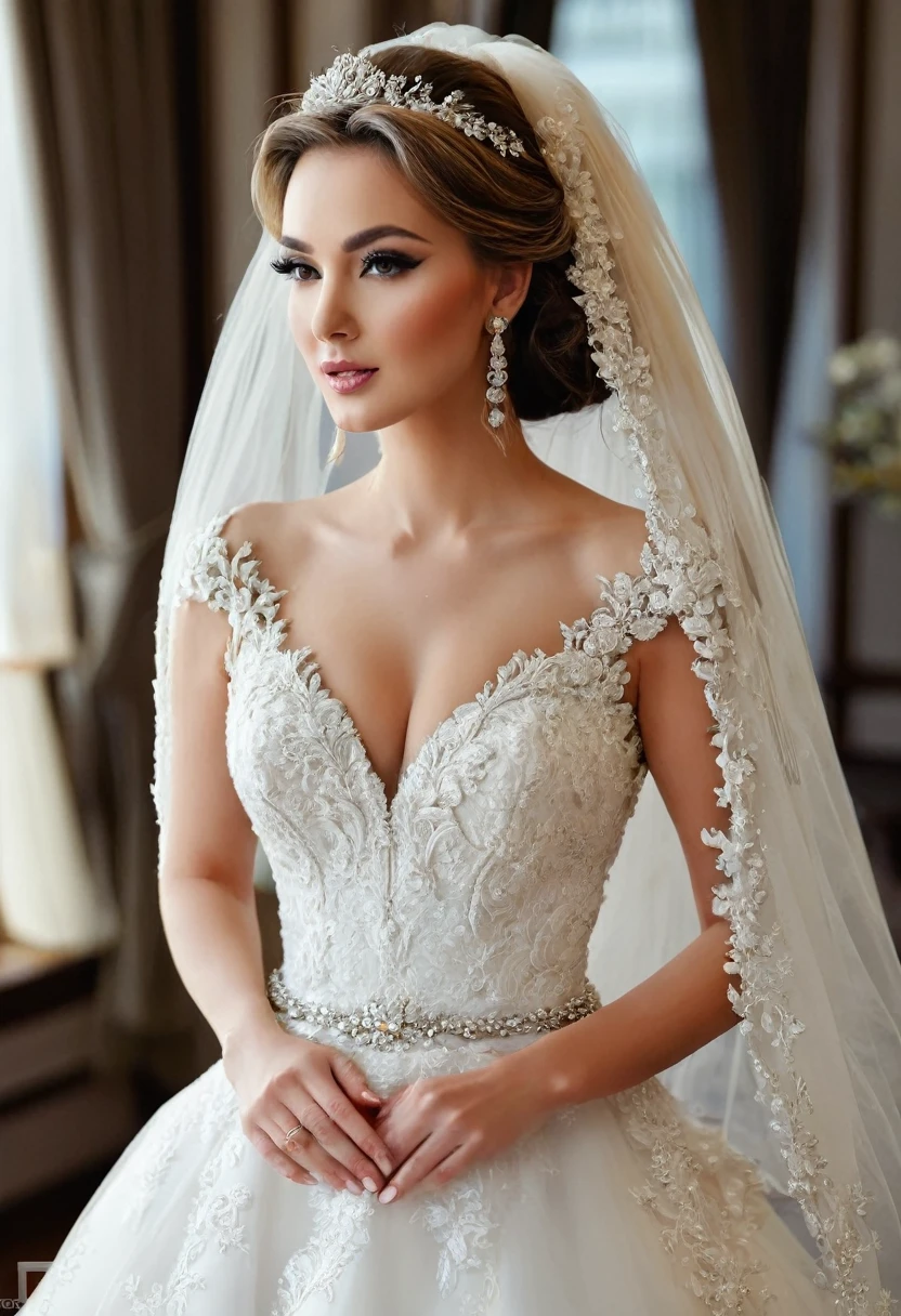 Beautiful woman, beautiful style, beautiful accessories, beautiful makeup, beautiful bride dress, simple,full-length, 