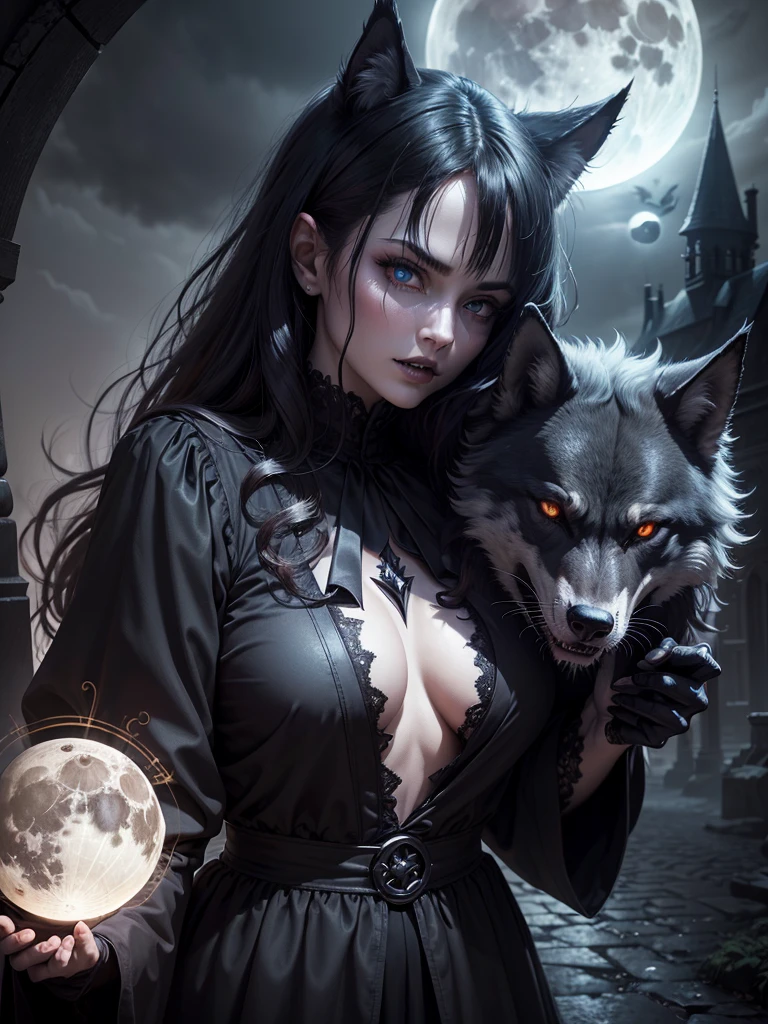 (A high resolution:1.2),(realistic:1.37),devil girl,Pet Wolf,Dark Fantasy,enchanted forest,Magical powers,Brilliant eyes,Demonic Traits,black raincoat,ominous atmosphere,Moonlight night,sharp fangs,pale skin,ominous shadows,Detailed facial expressions,dark curls,a nightmare,pursuing,Gothic aesthetics,Ferocious Companion,bright colors,Dangerous beauty,Breathtaking view,A sinister aura,Creature of the Night,enchanted connection,A Loyal Protector,Reflection of the Moon,The Dark Figure,ethereal,mythical,otherworldly,Mesmerizing presence