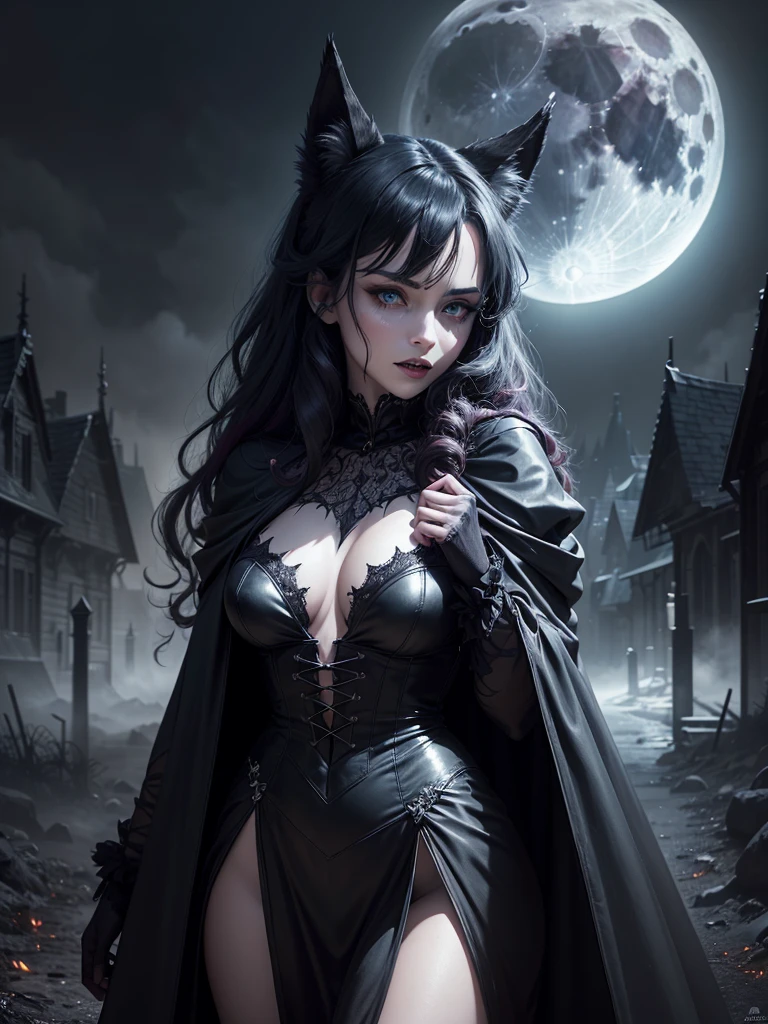 (A high resolution:1.2),(realistic:1.37),devil girl,Pet Wolf,Dark Fantasy,enchanted forest,Magical powers,Brilliant eyes,Demonic Traits,black raincoat,ominous atmosphere,Moonlight night,sharp fangs,pale skin,ominous shadows,Detailed facial expressions,dark curls,a nightmare,pursuing,Gothic aesthetics,Ferocious Companion,bright colors,Dangerous beauty,Breathtaking view,A sinister aura,Creature of the Night,enchanted connection,A Loyal Protector,Reflection of the Moon,The Dark Figure,ethereal,mythical,otherworldly,Mesmerizing presence