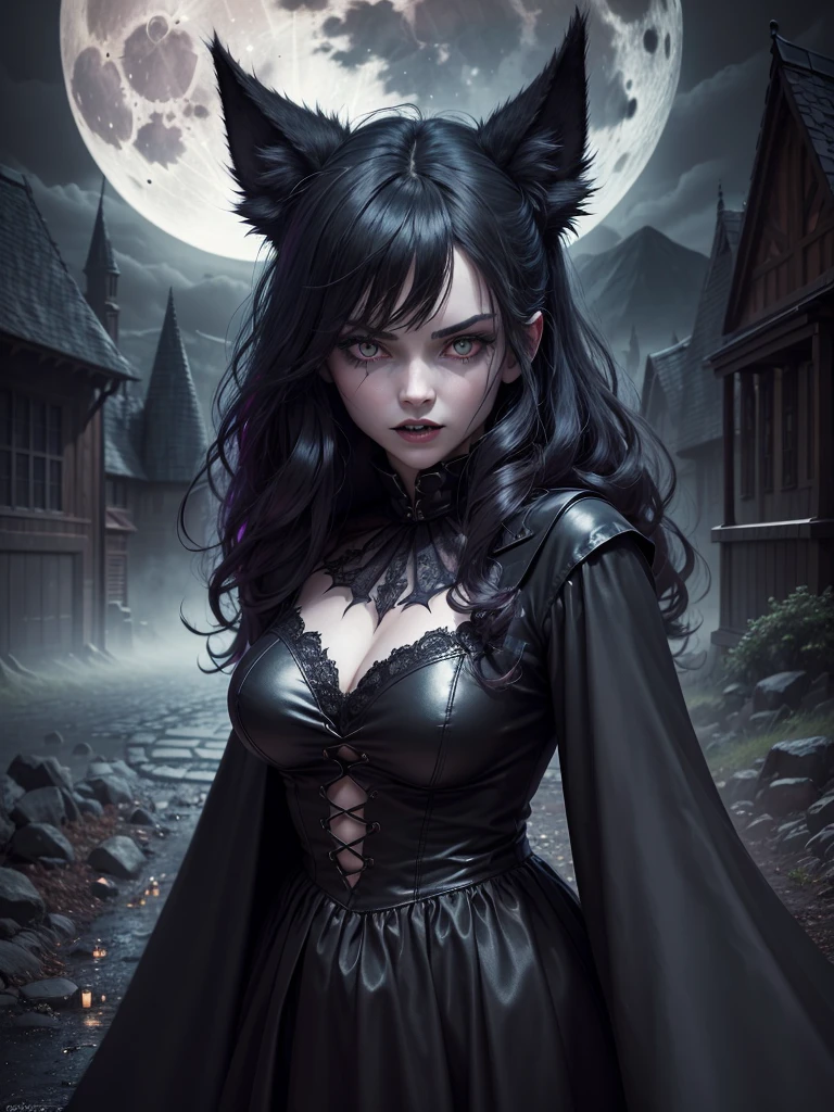 (A high resolution:1.2),(realistic:1.37),devil girl,Pet Wolf,Dark Fantasy,enchanted forest,Magical powers,Brilliant eyes,Demonic Traits,black raincoat,ominous atmosphere,Moonlight night,sharp fangs,pale skin,ominous shadows,Detailed facial expressions,dark curls,a nightmare,pursuing,Gothic aesthetics,Ferocious Companion,bright colors,Dangerous beauty,Breathtaking view,A sinister aura,Creature of the Night,enchanted connection,A Loyal Protector,Reflection of the Moon,The Dark Figure,ethereal,mythical,otherworldly,Mesmerizing presence